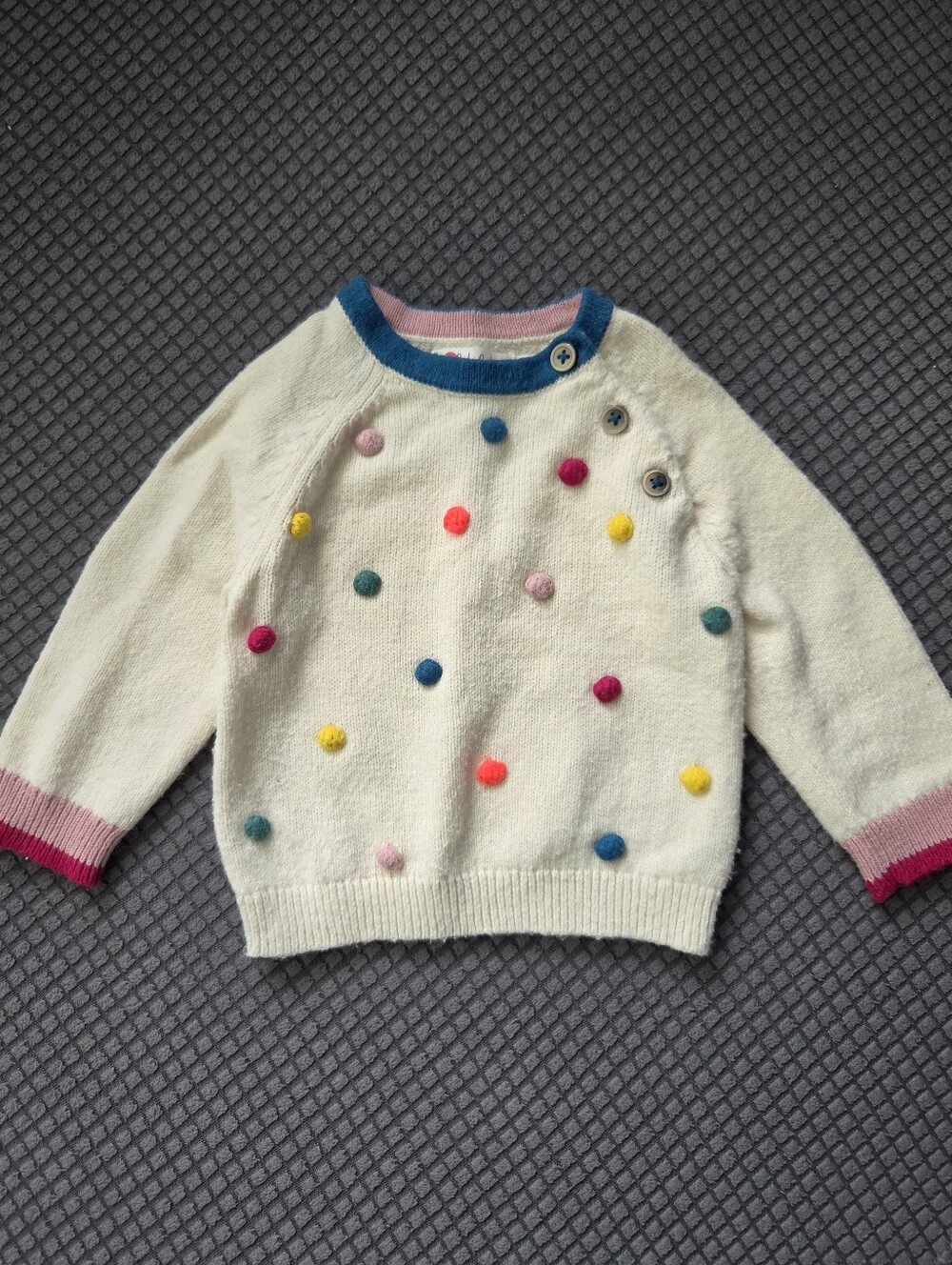 Baby Boden Ivory Pom-Pom Crewneck Wool Blend Sweater with Colorful Trim 3-6M